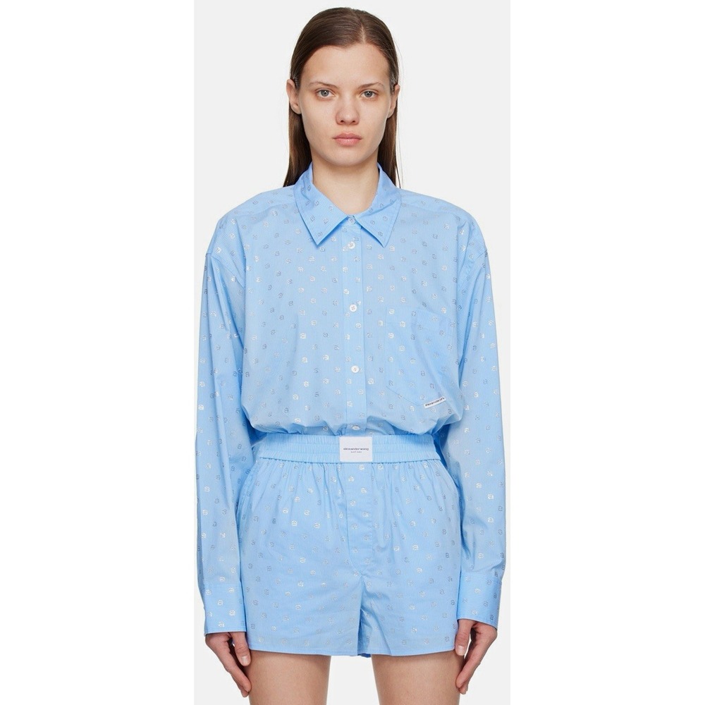 alexanderwang women's Blue Striped Button-Up Shirt Long Sleeve Point Collar L